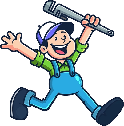 Wahoo Plumbing cartoon mascot running with a pipe wrench.